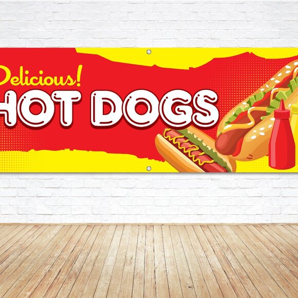 Delicious HOT DOGS Generic Vinyl Banner 6ft. Sign Food Truck Festival Concession - Picture 1 of 5